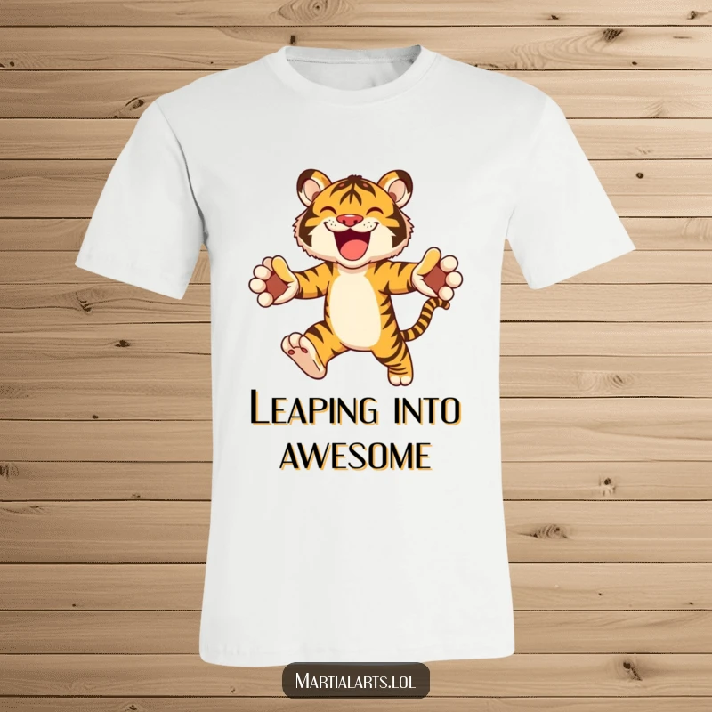 Funny t-shirt featuring a joyful tiger in mid-leap with paws outstretched, embodying excitement and playful energy.