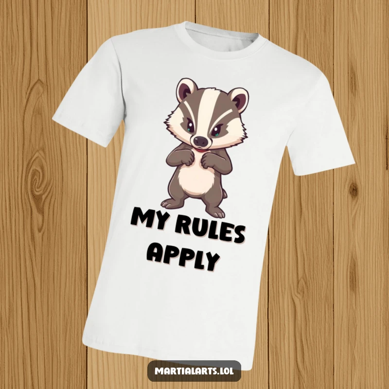 Funny t-shirt depicting a brave badger in a strong defensive stance, showcasing courage and resilience humorously.