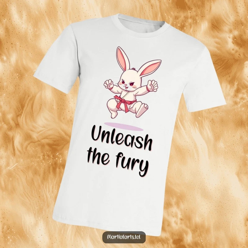 Funny bouncing bunny leaping into a dynamic martial arts stance, ready for action, funny t-shirt.
