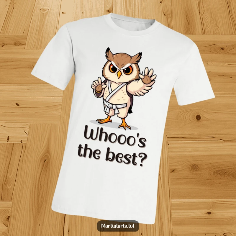 Funny owl t-shirt depicting a proud bird performing a graceful karate pose, symbolizing focus and strength.