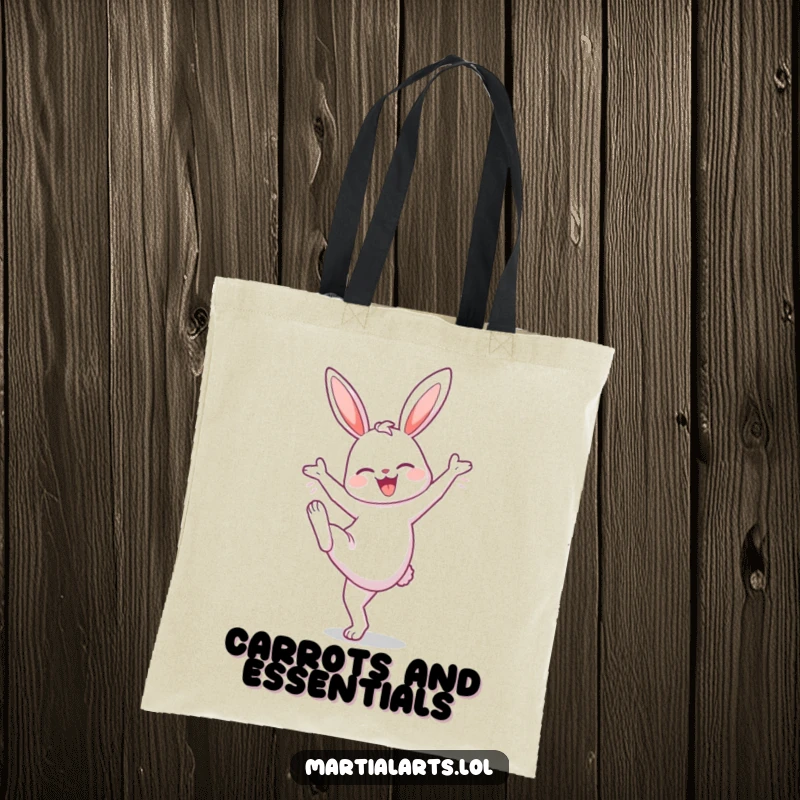 Funny Bunny High Knee Tote Bag: A cute bunny doing a high knee lift, perfect for carrying workout gear with a humorous and energetic touch.