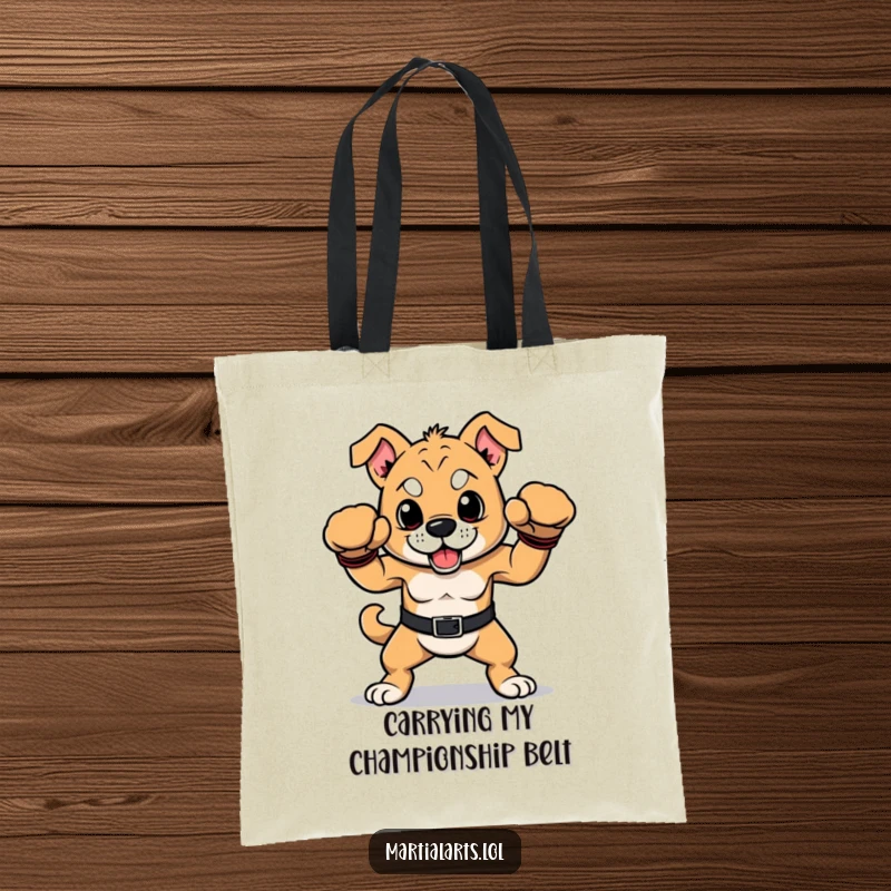 Funny dog tote bag with a proud dog striking a winning boxing pose, perfect for everyday adventures.