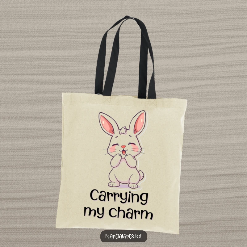 Funny playful bunny tote bag featuring a bunny in a mock strike pose, ready for adventures.