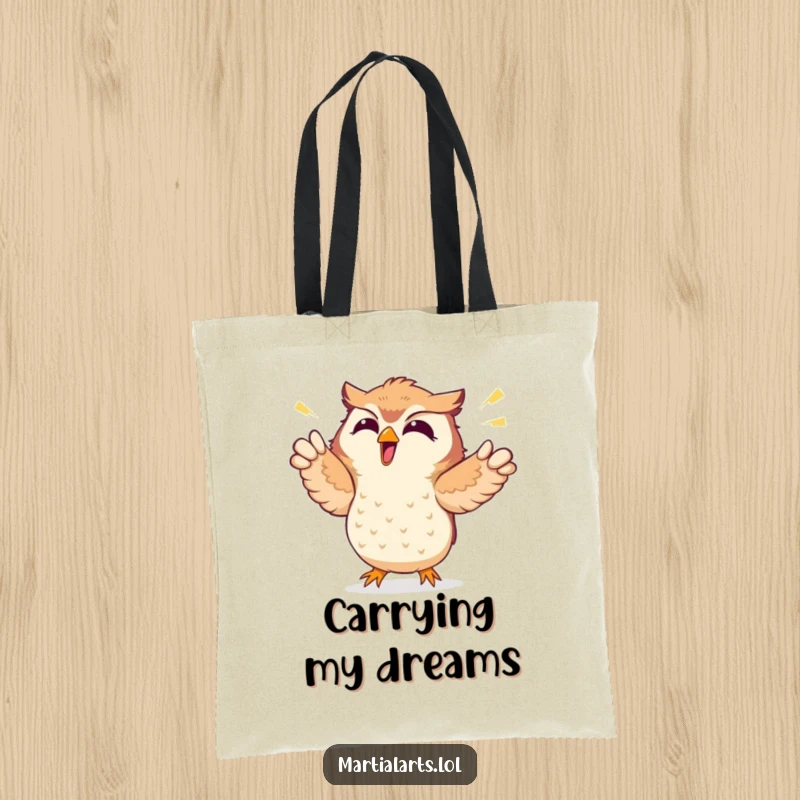 Funny tote bag illustrating a happy, giggling owl energetically punching the air with pure, comical delight.