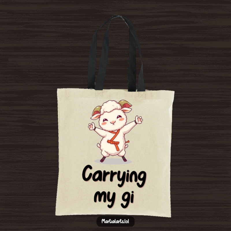Funny sheep tote bag with a giggling sheep performing a wobbly martial arts move, practical and amusing.