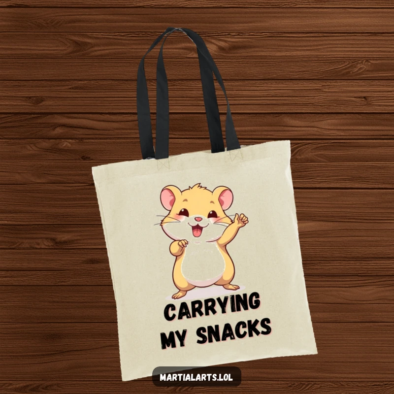 Funny tote bag illustrating a beaming hamster striking a powerful and confident martial arts pose with determination.