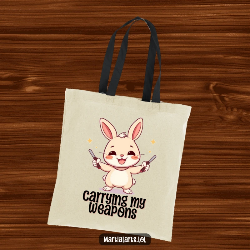 Funny Rabbit Tote Bag showcasing a cheerful rabbit juggling nunchucks with a wide smile, a perfect shopper.