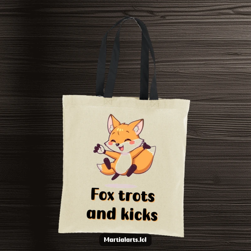 Funny fox tote bag illustrating a fox delivering a swift flying side kick, perfect for carrying your essentials with style.