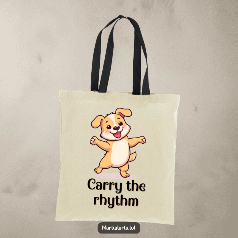 Funny tote bag showcasing a dog in a playful, energetic spin, ideal for carrying items with a humorous flair.