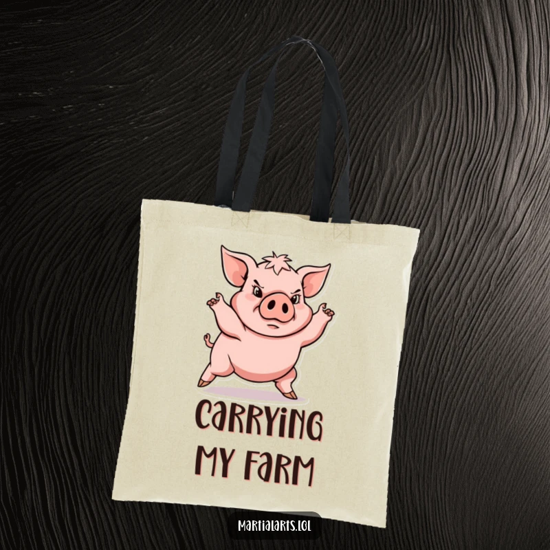 Funny determined pig in low stance, carrying a durable funny tote bag, perfect for strong efforts, gift.