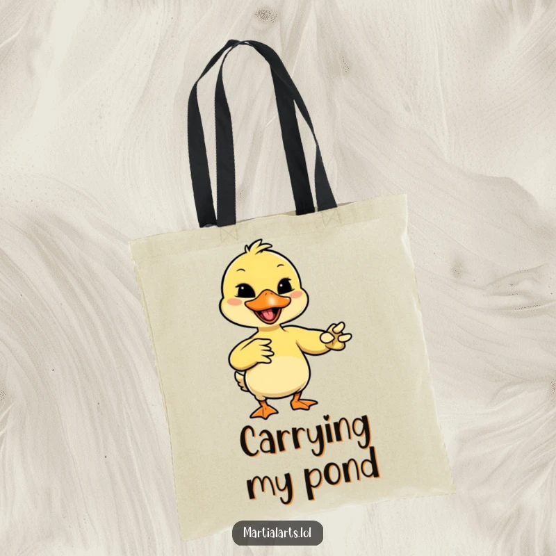 Funny giggling duck mimicking a martial arts move with its beak, on a durable tote bag.