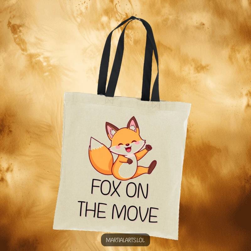 Funny Fox Flying Kick Tote Bag: A happy fox performing a dynamic kick, ideal for stylishly carrying items with a humorous, energetic flair.