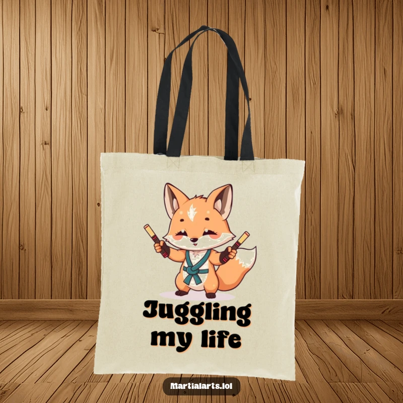 Funny Fox Nunchuck Tote Bag: A curious fox juggling tiny nunchucks, ideal for carrying books or gear with flair.