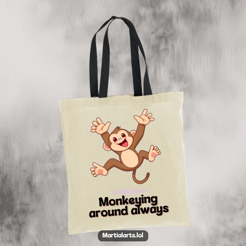 Funny monkey flip tote bag, a mischievous monkey executes a playful acrobatic flip, ready to carry your items with jungle agility and humor.