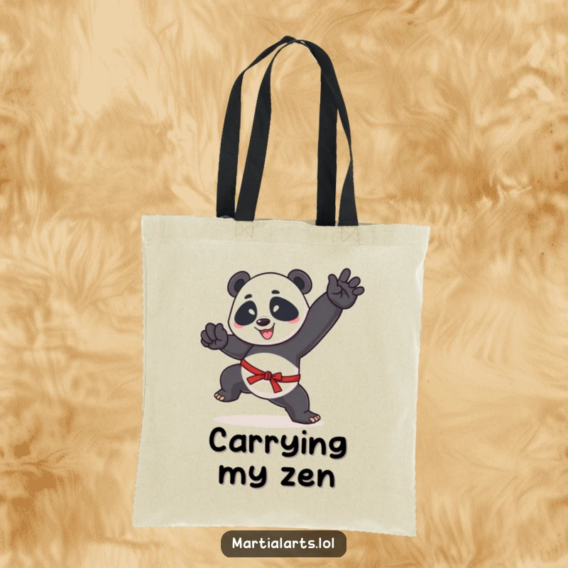 Funny tote bag showcasing a happy panda performing a martial arts kick, ideal for groceries or gym, with a humorous twist.