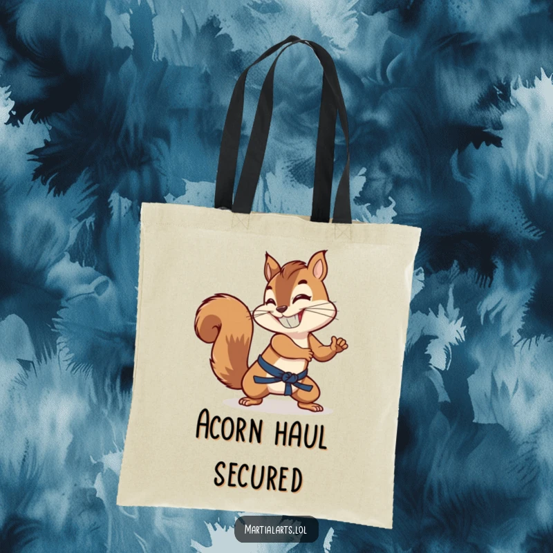 Funny squirrel with a huge grin, using its tail as a martial arts weapon, on a durable tote bag.