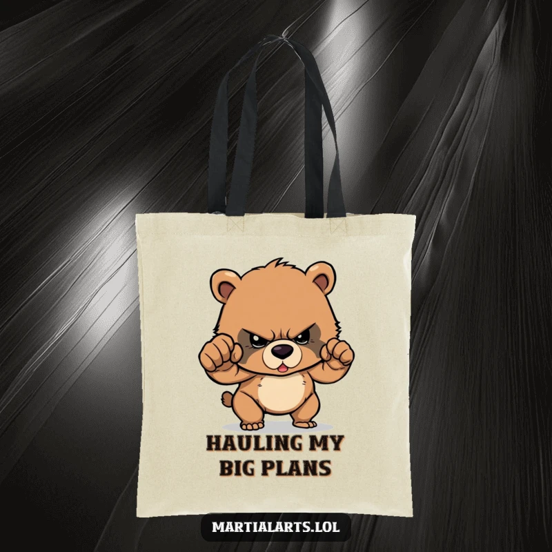 Funny Tote Bag: A determined bear cub stares with intense focus, preparing to unleash a cartoon punch.