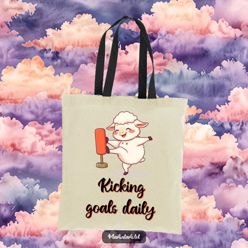 Funny tote bag with a giggling sheep delivering a powerful kick to a training dummy, embodying a funny and active spirit.