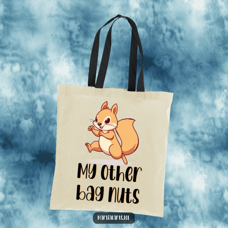 Funny Squirrel Tote Bag: A determined squirrel honing a swift, agile martial arts move, perfect for carrying groceries with humor.