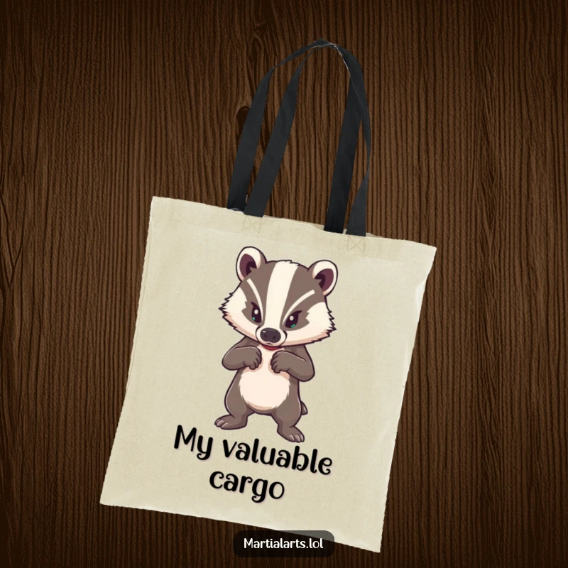 Funny tote bag showcasing a brave badger in a strong defensive posture, ideal for carrying items with a bold message.