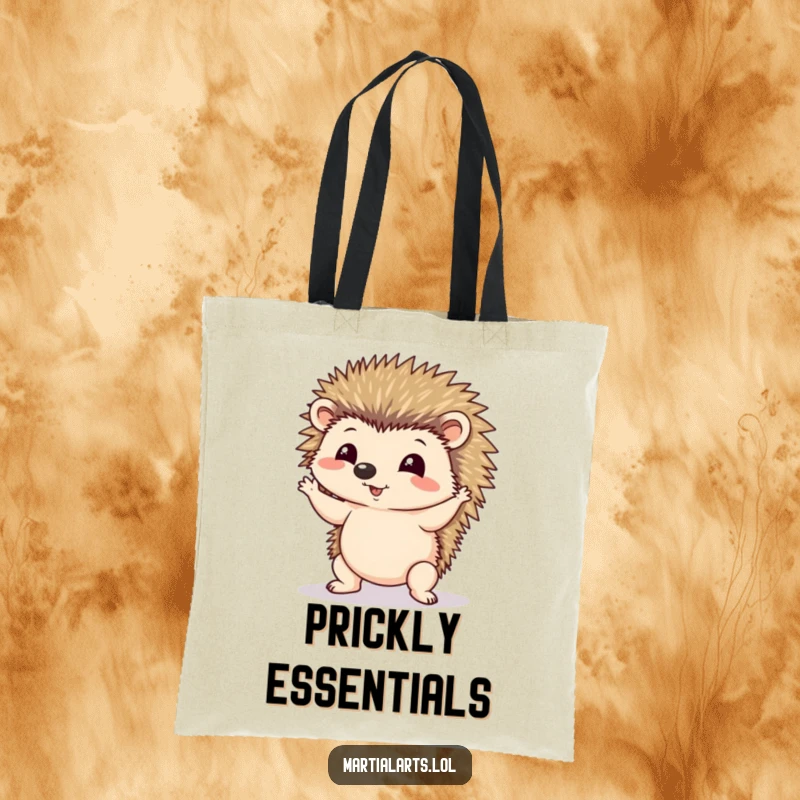 Funny tote bag showing a cute hedgehog attempting an unstable, yet endearing, wobbly yoga pose.